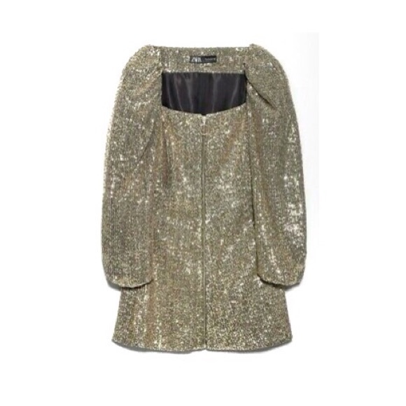 Zara NWT Bloggers Favorite Golden Sequin Puff Sleeve Zipped Party Shimmer Dress - Picture 3 of 16